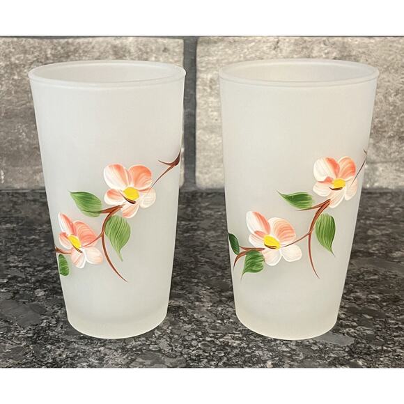 (2) Vintage Hazel Atlas Handpainted Cherry Blossom Frosted Drinking Glasses - Picture 1 of 6